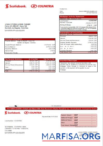 Realistic Colombia Scotiabank Colpatria bank mortgage statement scr download for verification